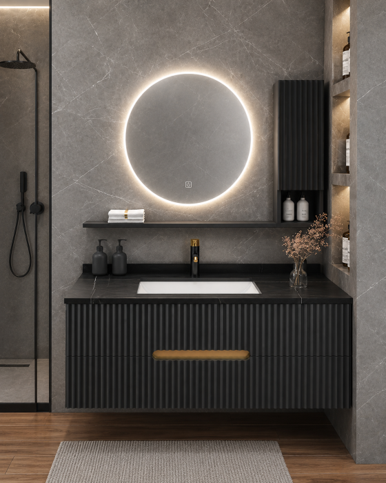Set mobilier baie suspendat gri antracit 80 cm lavoar tip rock, oglindă LED si dulapior suspendat - 2910 [3]