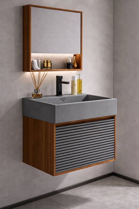 Set mobilier baie suspendat gri deschis mat din PVC 60 cm cu lavoar și oglindă cu dulapior - 2800 [2]