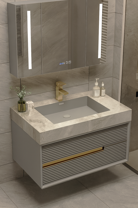 Set mobilier baie suspendat gri din PVC 80 cm cu lavoar din piatră sinterizată și oglindă LED cu dulăpior - 2811 [1]