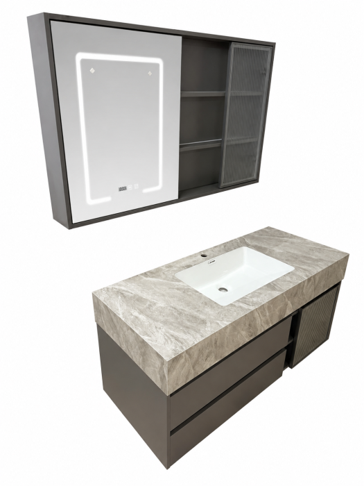 Set mobilier baie Suspendat, gri mat 120 cm cu lavoar si oglindă LED cu dulăpior - 2867 [3]