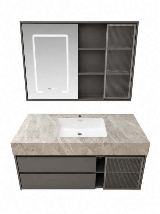 Set mobilier baie Suspendat, gri mat 120 cm cu lavoar si oglindă LED cu dulăpior - 2867 [4]