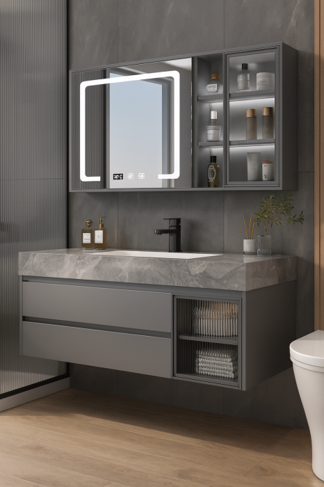 Set mobilier baie Suspendat, gri mat din Lemn 120 cm cu lavoar din piatră+ceramică și oglindă LED cu dulăpior - 2867 [1]