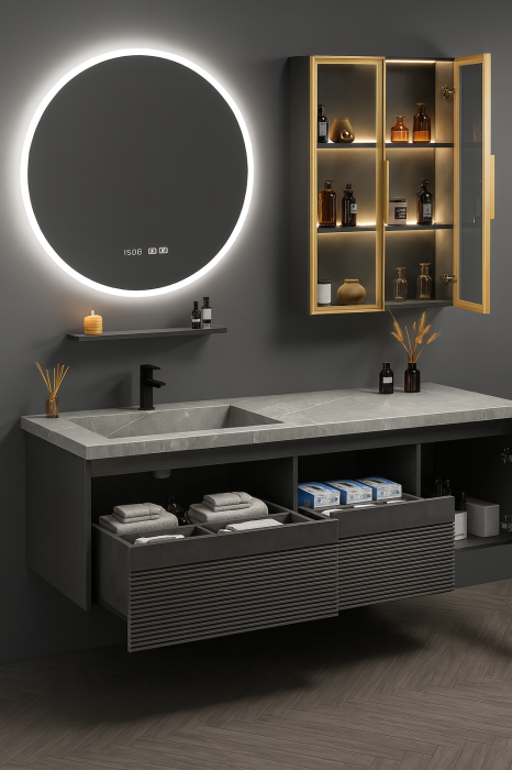 Set mobilier baie suspendat gri mat din PVC 100 cm cu lavoar din piatră sinterizată, oglindă LED și dulăpior cu LED - 2818 [2]