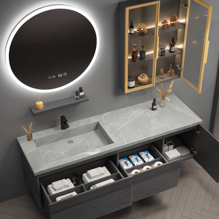 Set mobilier baie suspendat gri mat din PVC 100 cm cu lavoar din piatră sinterizată, oglindă LED și dulăpior cu LED - 2818 [3]