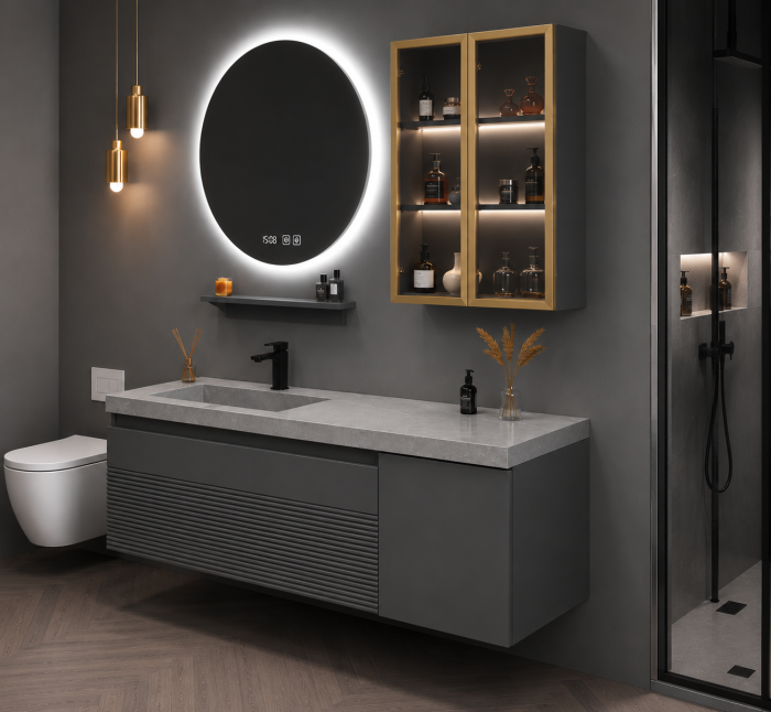 Set mobilier baie suspendat gri mat din PVC 100 cm cu lavoar din piatră sinterizată, oglindă LED și dulăpior cu LED - 2818 [3]