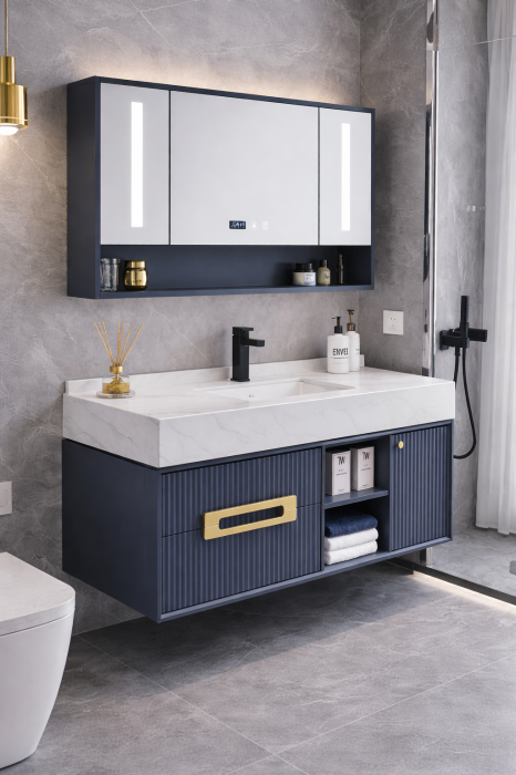 Set mobilier baie suspendat gri mat din PVC 120 cm cu lavoar și oglindă LED cu dulăpior - 2868 [2]