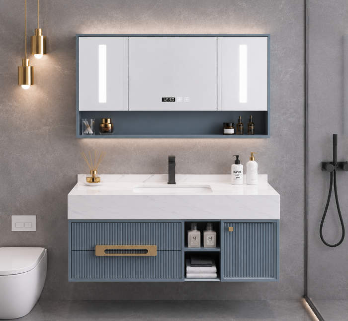 Set mobilier baie suspendat gri mat din PVC 120 cm cu lavoar și oglindă LED cu dulăpior - 2868 [2]
