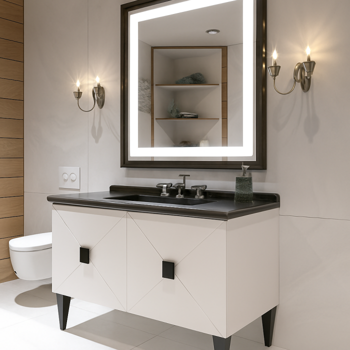 Set mobilier baie suspendat gri/negru din PVC 90 cm cu lavoar din piatră compozită/ceramică și oglindă LED - 2224 [2]