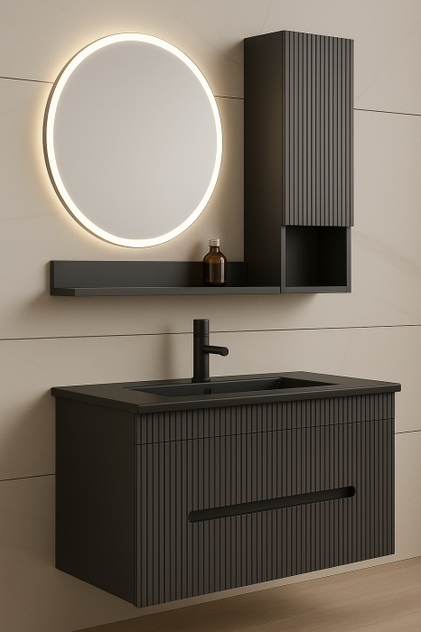 Set Mobilier Baie Suspendat 80 cm – Gri Antracit cu Lavoar Negru  – Dulap lateral, etajera, Oglindă LED și Lavoar Ceramic 2910 [3]