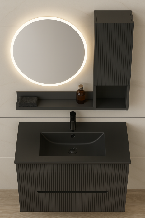 Set Mobilier Baie Suspendat 80 cm – Gri Antracit cu Lavoar Negru  – Dulap lateral, etajera, Oglindă LED și Lavoar Ceramic 2910 [2]