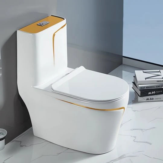 Set vas wc cu capac slim, montare pe podea, rimless, evacuare laterala, alb/auriu 68 x 36 x 78 cm T2130WG [3]