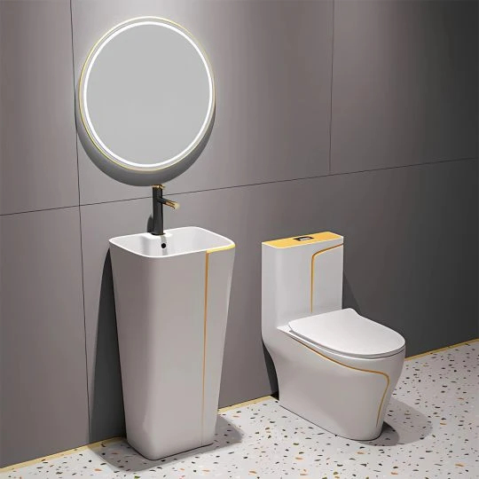 Set vas wc cu capac slim, montare pe podea, rimless, evacuare laterala, alb/auriu 68 x 36 x 78 cm T2130WG [2]