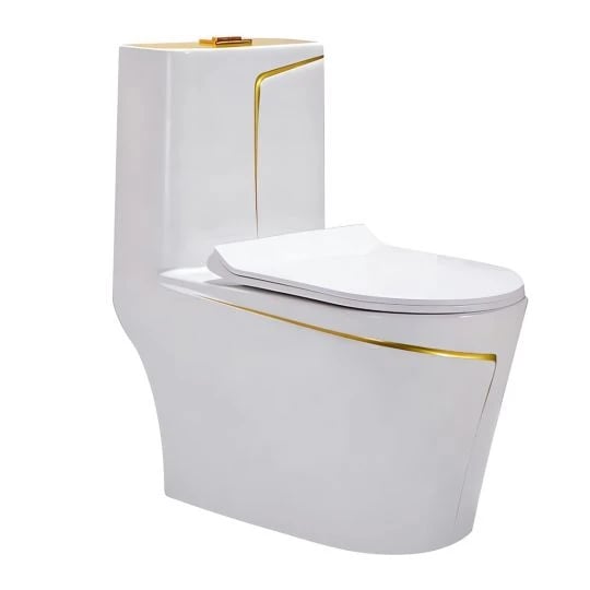 Set vas wc cu capac slim, montare pe podea, rimless, evacuare laterala, alb/auriu 68 x 36 x 78 cm T2130WG [1]
