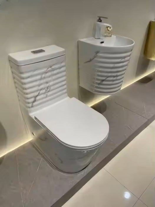 Set vas wc cu capac slim, montare pe podea, rimless, evacuare laterala, alb/gri 68 x 37 x 80 cm T2126UG [5]