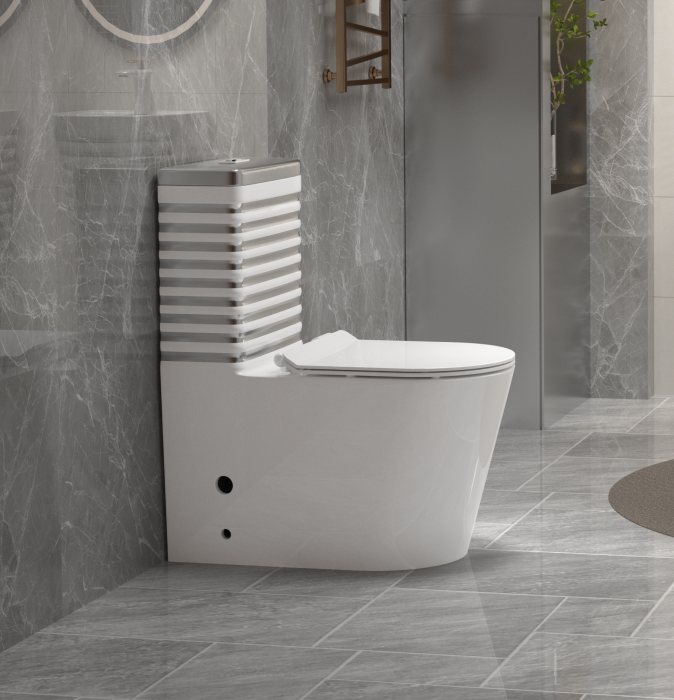 Set vas wc cu capac slim, montare pe podea, rimless, evacuare laterala, alb/gri 68 x 37 x 80 cm T2126WS [2]