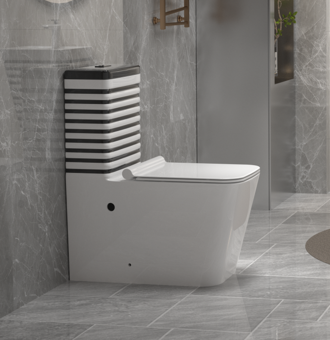 Set vas wc cu capac slim, montare pe podea, rimless, evacuare laterala, alb/negru 64 x 36 x 80 T2079WB [2]