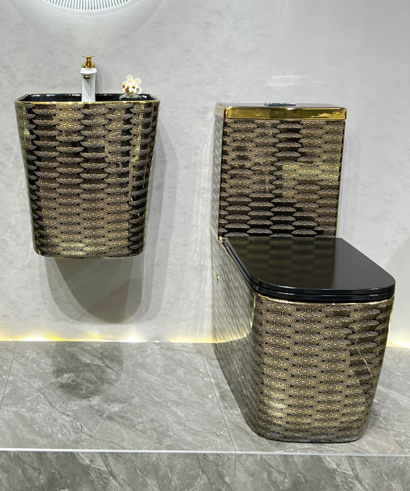 Set vas wc cu capac slim, montare pe podea, rimless, evacuare laterala, auriu/negru  68 x 37 x 80 cm T2214EBG5 [4]