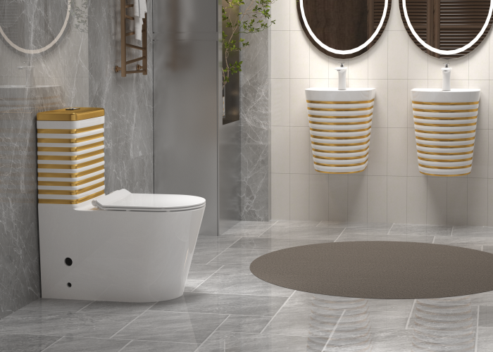 Set vas WC cu capac slim, montare pe podea, Rimless, evacuare laterală, finisaj alb/auriu – 68 × 37 × 80 cm - T2126WG [3]