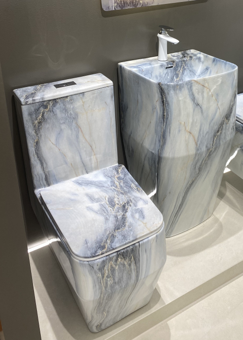 Set vas WC cu capac slim, montare pe podea, Rimless, evacuare laterală, finisaj alb-gri-albăstrui– 67 × 37 × 80 cm - T2133CW72 [4]