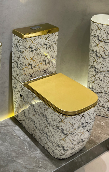 Set vas WC cu capac slim, montare pe podea, Rimless, evacuare laterală, finisaj alb-marmorat cu inserții aurii – 64 × 36 × 80 cm  - T2214EWG1 [1]