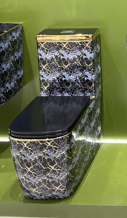 Set vas WC cu capac slim, montare pe podea, Rimless, evacuare laterală, finisaj albastru-negru și accente aurii 64 × 36 × 80 cm - T2214EBG3 [3]