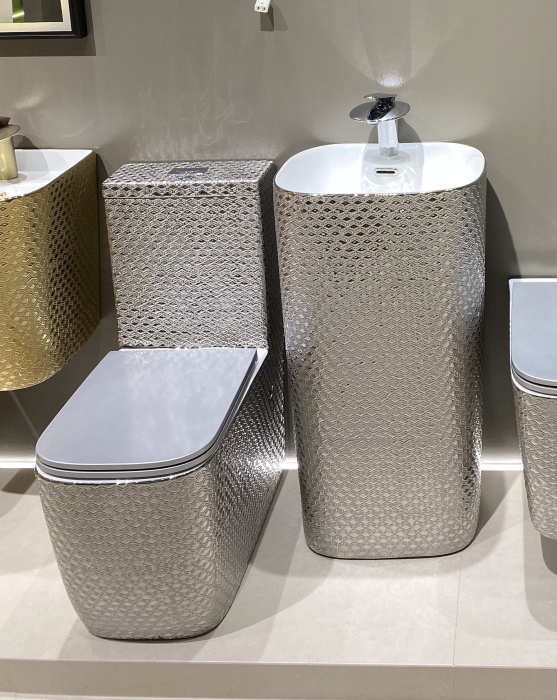 Set vas WC cu capac slim, montare pe podea, Rimless, evacuare laterală, finisaj argintiu – 64 × 36 × 80 cm - T2214CR6S [2]