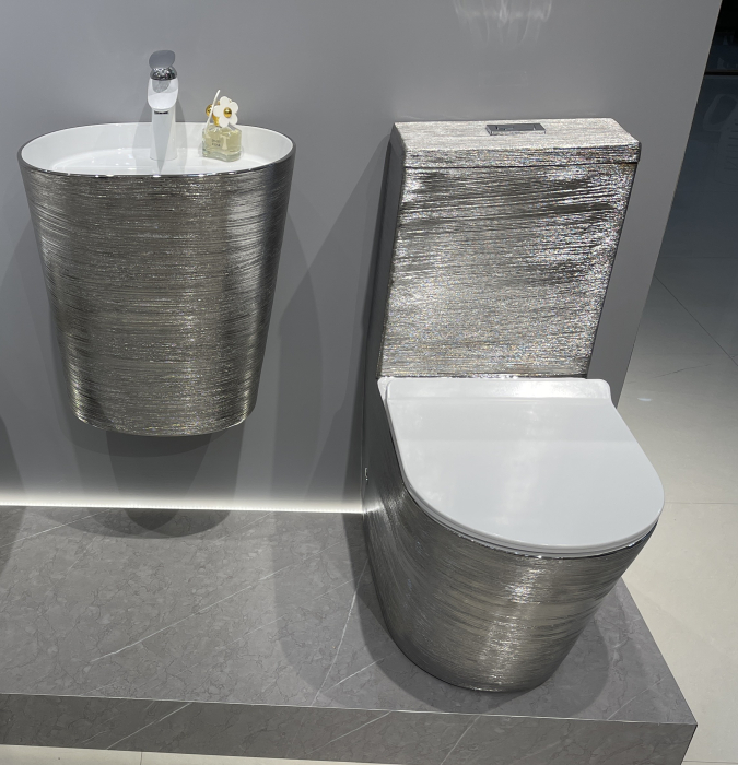 Set vas WC cu capac slim, montare pe podea, Rimless, evacuare laterală, finisaj argintiu 68 × 37 × 80 cm - T2123EDS [3]