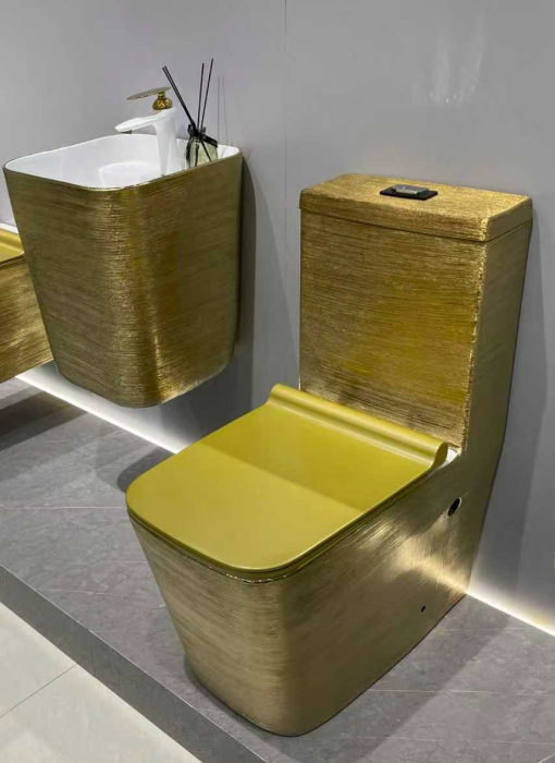 Set vas WC cu capac slim, montare pe podea, Rimless, evacuare laterală, finisaj auriu 64 × 36 × 80 cm - T2073EDG [2]