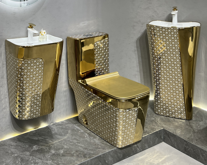 Set vas WC cu capac slim, montare pe podea, Rimless, evacuare laterală, finisaj auriu – 68 × 36 × 78 cm - T2130EWG2 [2]