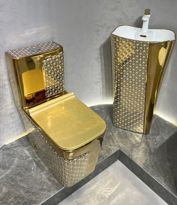 Set vas WC cu capac slim, montare pe podea, Rimless, evacuare laterală, finisaj auriu – 68 × 36 × 78 cm - T2130EWG2 [4]