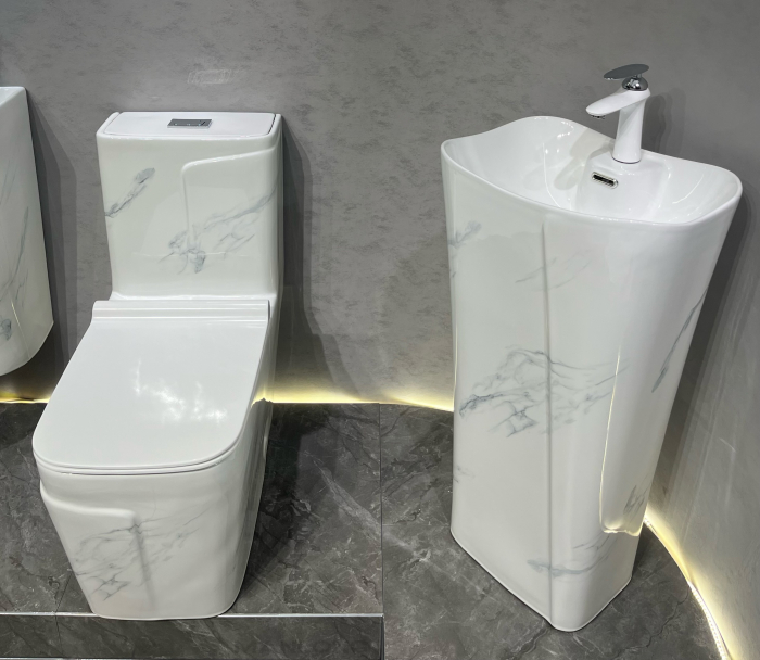 Set vas wc cu capac slim, montare pe podea, rimless, evacuare laterala, finisaj marmura 68 x 36 x 78 cm T2130UG [2]
