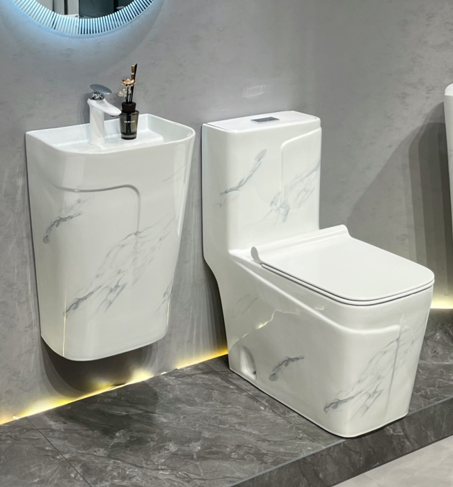 Set vas wc cu capac slim, montare pe podea, rimless, evacuare laterala, finisaj marmura 68 x 36 x 78 cm T2130UG [3]