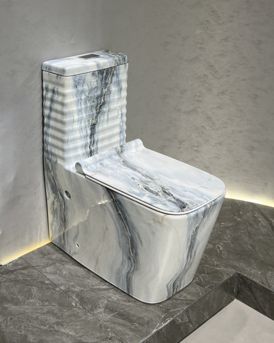 Set vas WC cu capac slim, montare pe podea, Rimless, evacuare laterală, finisaj marmură alb-gri – 64 × 36 × 80 cm T2079CW72 [1]