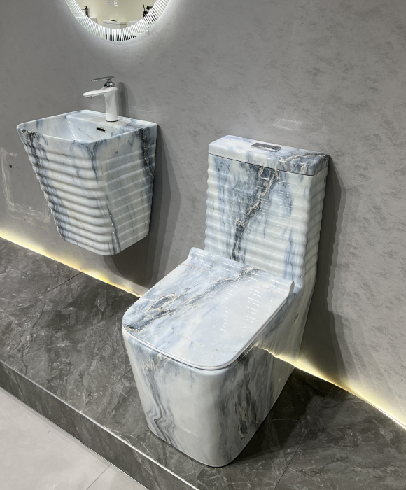 Set vas WC cu capac slim, montare pe podea, Rimless, evacuare laterală, finisaj marmură alb-gri – 64 × 36 × 80 cm T2079CW72 [2]