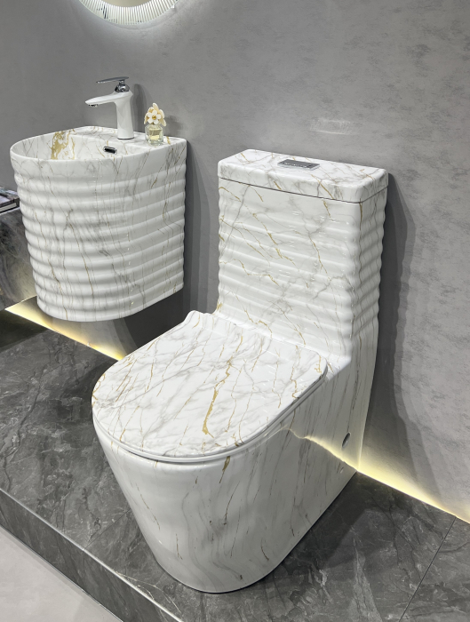 Set vas WC cu capac slim, montare pe podea, Rimless, evacuare laterală, finisaj marmură alb-gri-auriu – 68 × 37 × 80 cm - T2126CW80 [4]