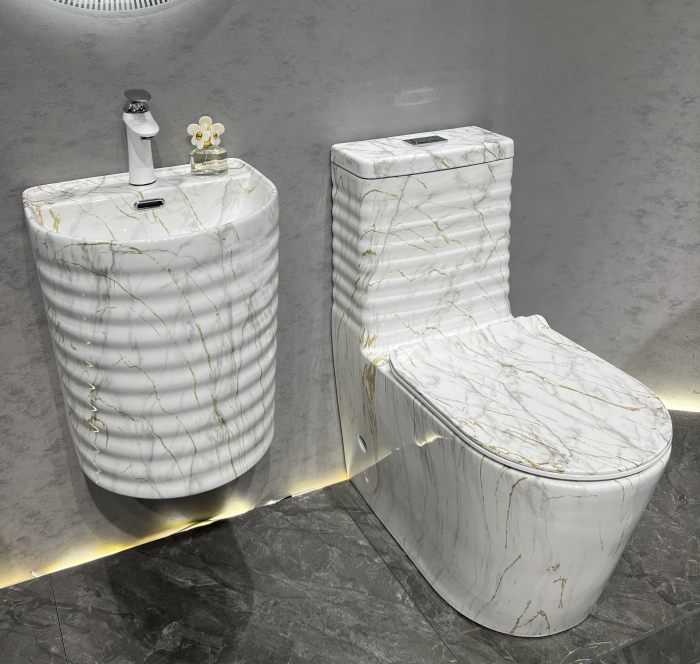 Set vas WC cu capac slim, montare pe podea, Rimless, evacuare laterală, finisaj marmură alb-gri-auriu – 68 × 37 × 80 cm - T2126CW80 [3]