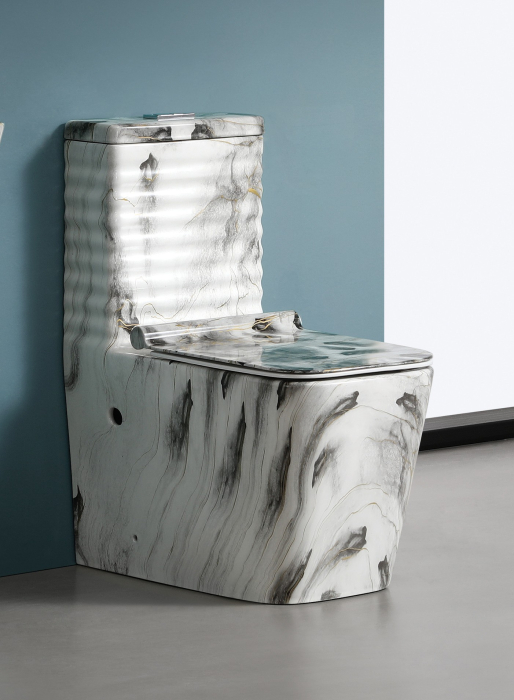 Set vas WC cu capac slim, montare pe podea, Rimless, evacuare laterală, finisaj marmură alb-negru-gri – 64 × 36 × 80 cm - T2079CW68 [1]