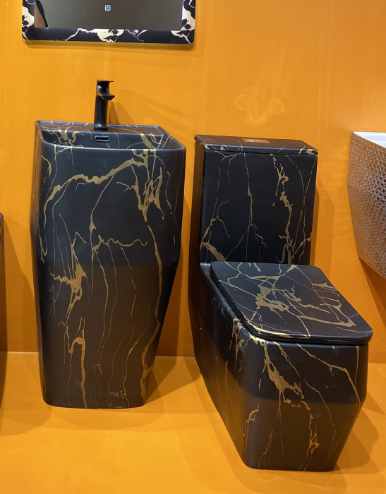 Set vas WC cu capac slim, montare pe podea, Rimless, evacuare laterală, finisaj negru/auriu 67 × 37 × 80 cm - T2133CW68 [3]