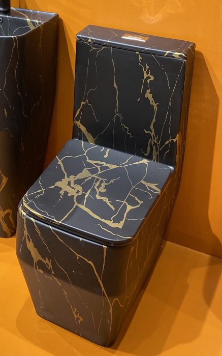 Set vas WC cu capac slim, montare pe podea, Rimless, evacuare laterală, finisaj negru/auriu 67 × 37 × 80 cm - T2133CW68 [2]