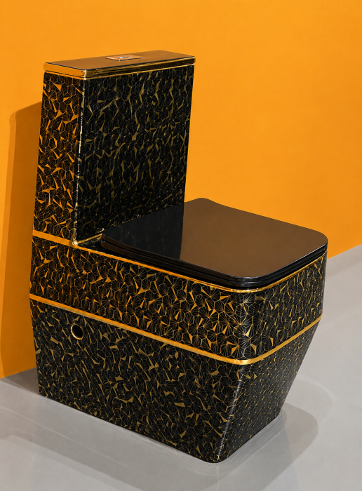 Set vas WC cu capac slim, montare pe podea, Rimless, evacuare laterală, finisaj negru/auriu  67 × 37 × 80 cm - T2133EBG7 [2]