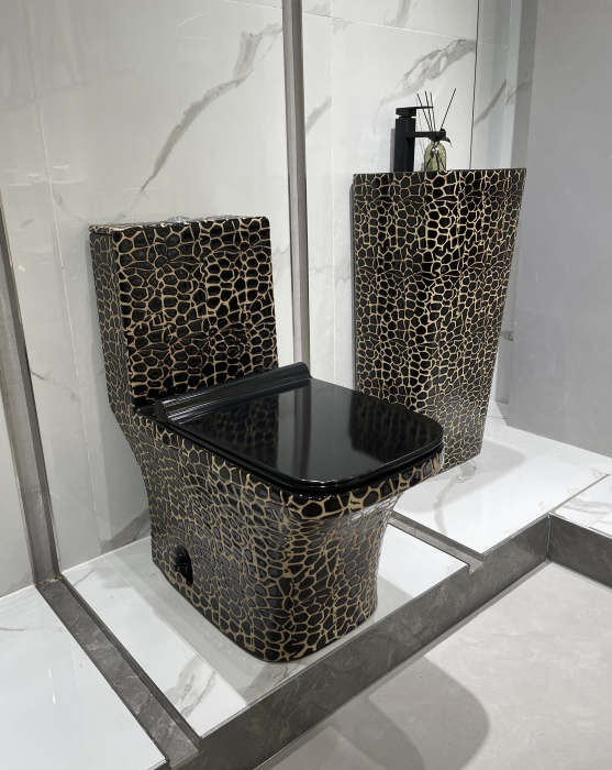 Set vas WC cu capac slim, montare pe podea, Rimless, evacuare laterală, finisaj negru/auriu – 68 × 36 × 74 cm - T2071CR1 [3]