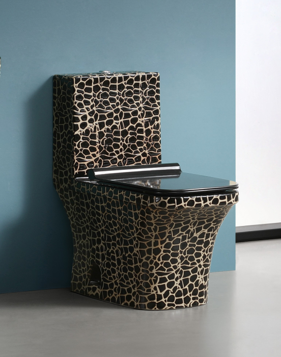 Set vas WC cu capac slim, montare pe podea, Rimless, evacuare laterală, finisaj negru/auriu – 68 × 36 × 74 cm - T2071CR1 [1]