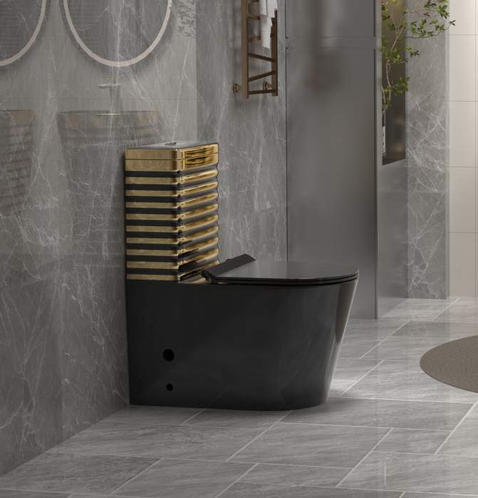 Set vas WC cu capac slim, montare pe podea, Rimless, evacuare laterală, finisaj negru/auriu – 68 × 37 × 80 cm - T2126EBG [2]