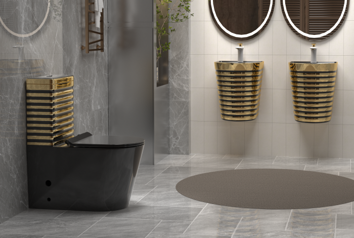 Set vas WC cu capac slim, montare pe podea, Rimless, evacuare laterală, finisaj negru/auriu – 68 × 37 × 80 cm - T2126EBG [3]