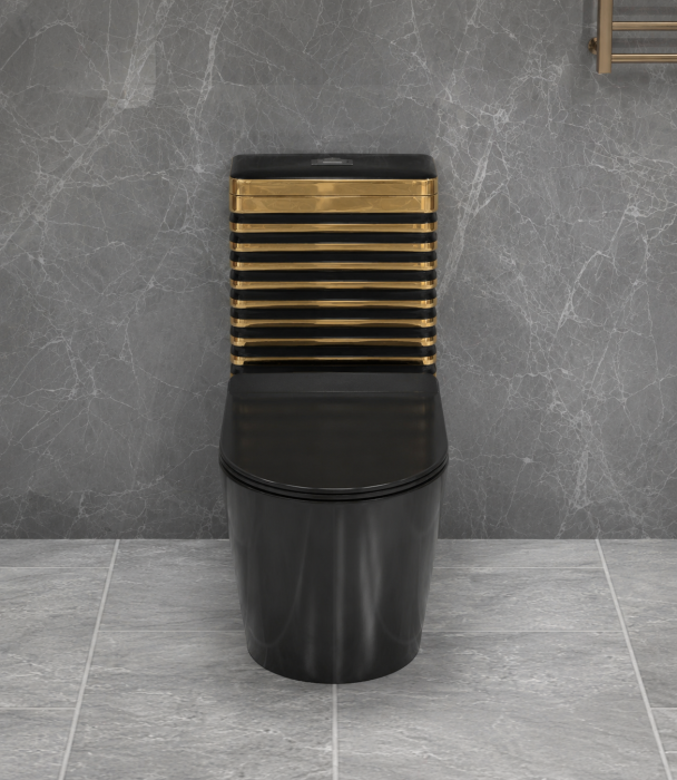 Set vas WC cu capac slim, montare pe podea, Rimless, evacuare laterală, finisaj negru/auriu – 68 × 37 × 80 cm - T2126EBG [4]