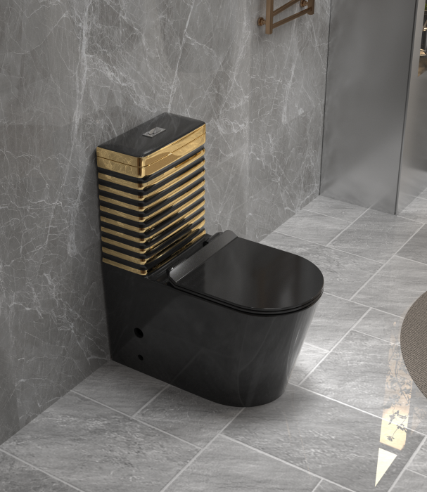 Set vas WC cu capac slim, montare pe podea, Rimless, evacuare laterală, finisaj negru/auriu – 68 × 37 × 80 cm - T2126EBG [1]