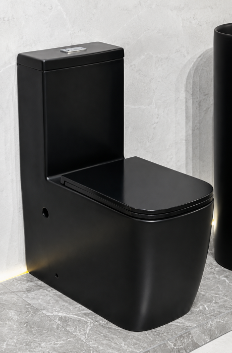Set vas WC cu capac slim, montare pe podea, Rimless, evacuare laterala, finisaj negru mat 64 x 36 x 80 cm T2214M5 [7]