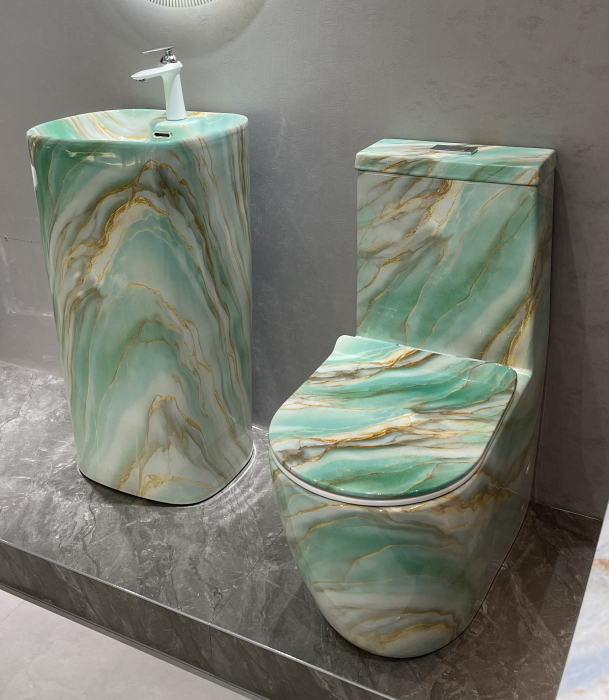 Set vas WC cu capac slim, montare pe podea, Rimless, evacuare laterală, finisaj verde onix 68 × 37 × 80 cm - T2075CW66 [4]