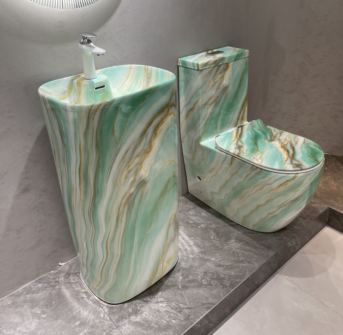 Set vas WC cu capac slim, montare pe podea, Rimless, evacuare laterală, finisaj verde onix 68 × 37 × 80 cm - T2075CW66 [3]