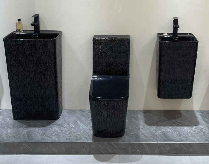 Set vas WC cu capac slim, montare pe podea, rimless, evacuare laterală, glazură neagră artizanală – 64 x 36 x 80 cm T2073CR5 [4]